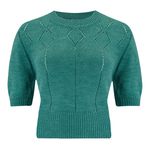 The "Frances" Short Sleeve Pullover Jumper in Aqua Green, Classic 1940s & 50s Vintage Style