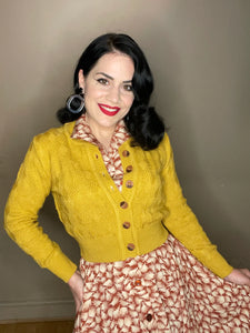 Rock n Romance
The "Sandra" Textured Diamond Knit Cardigan in Light Mustard, 1940s & 50s Vintage Style