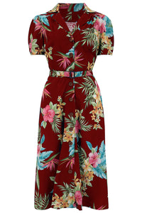 The "Charlene" Shirtwaister Dress in Wine Honolulu Print, True & Authentic 1950s Vintage Style