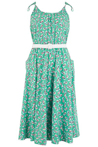 The "Suzy Sun Dress" in Green Abstract Polka Print, Easy To Wear Style From The 50s